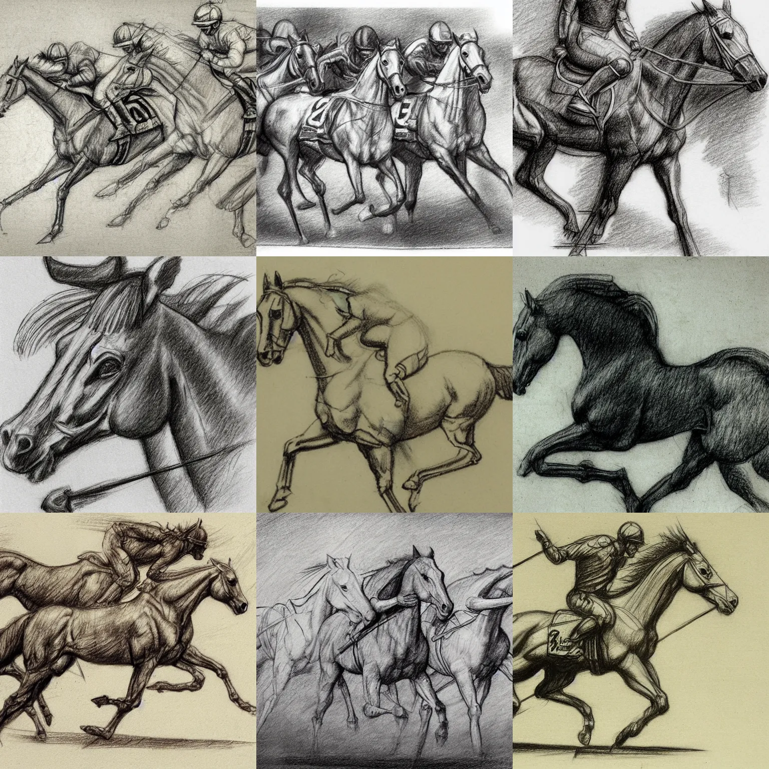 Prompt: horse racing concept art, pencil sketch by Leonardo da Vinci