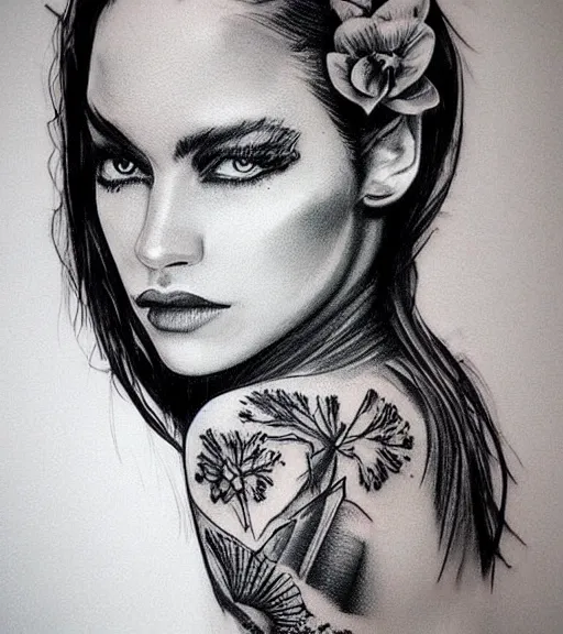 Image similar to tattoo design sketch of an extremely beautiful woman face with a faded background of beautiful mountains on her side, hyper - realistic, in the style of matteo pasqualin, amazing detail, black and white, faded