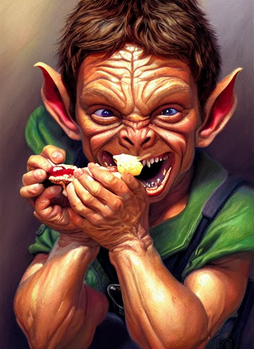 Prompt: portrait of a tiny hobgoblin eating cakes in the cloisters, beautiful face, hyper realistic, highly detailed digital painting by earl norem, artstation illustration