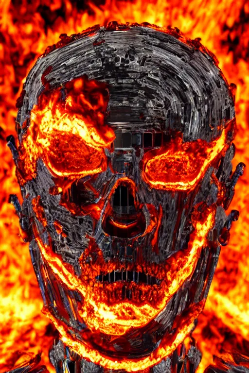 Prompt: detailed matte portrait of a t 8 0 0 endoskeleton shrouded in fire and burning embers, intricate, elaborate, specular, chrome, reflection, chromatic abberation