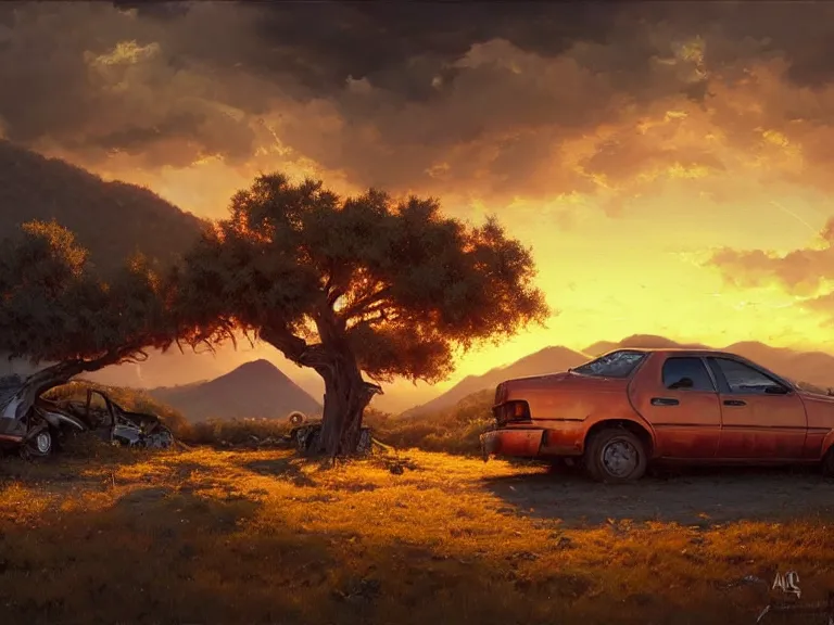 Image similar to low angle shot of an oak tree growing inside a scrap car in the foreground. overgrown. soft golden red sunset over the mountains in the background. clouds. hyperrealistic, highly detailed, cinematic, beautiful, cgsociety, artstation, oil painting by greg rutkowski, by artgerm, by wlop