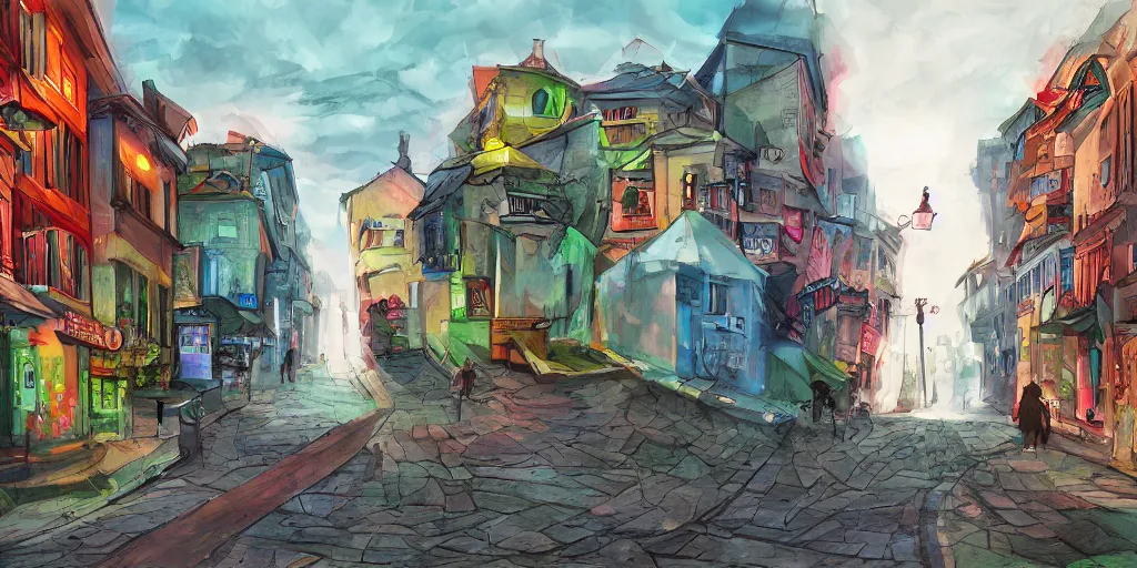 Image similar to street view of slditljk, pov, matte painting, art, digital drawing, brush strokes, bright vivid lighting