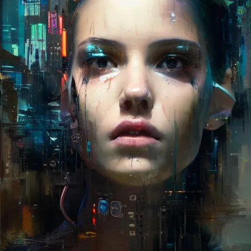 Prompt: portrait of a beautiful girl, cyberpunk, intimate,, beautiful face, rule of thirds, spotlight, expressive, passionate, by greg rutkowski, by jeremy mann, by francoise nielly,, 4 k, 8 k, correct body proportion