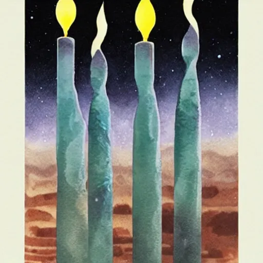 Prompt: tearless ancient cosmic candles, by karel thole, watercolor, trending on cgsociety