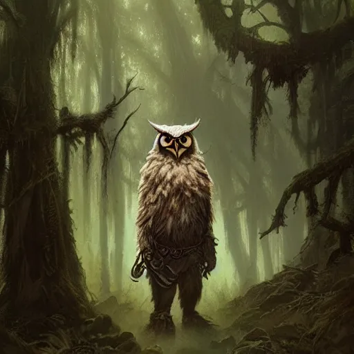 Image similar to three quarter portrait of an owlbear in the forest, d & d, fantasy, greg rutkowski, frank frazetta, alexandre chaudret, boris vallejo, michael whelan, miro petrov, hr giger, magali villeneuve, donato giancola