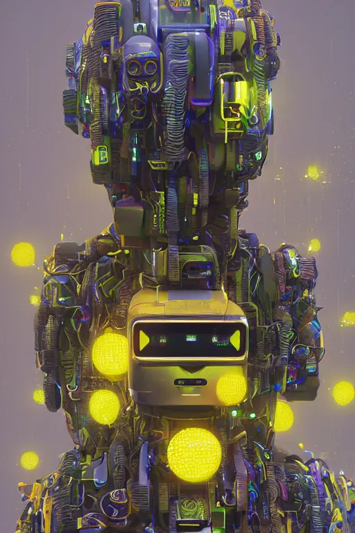 Image similar to a robot with lemons on his head, cyberpunk art by Mike Winkelmann, by Filip Honda, trending on cgsociety, panfuturism, made of lemons and limes, glitch art, rendered in cinema4d, blender, hyper realism