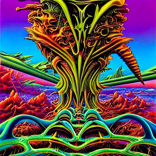 Image similar to thrash metal album cover in the style of roger dean, realistic, sharp focus, 8k high definition, insanely detailed, intricate, smooth, airbrush, art by kenny scharf and philippe druillet