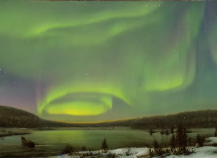 Image similar to aurora borealis above the snowed in fields and villages of lapland, finland in the style of hudson river school of art, oil on canvas