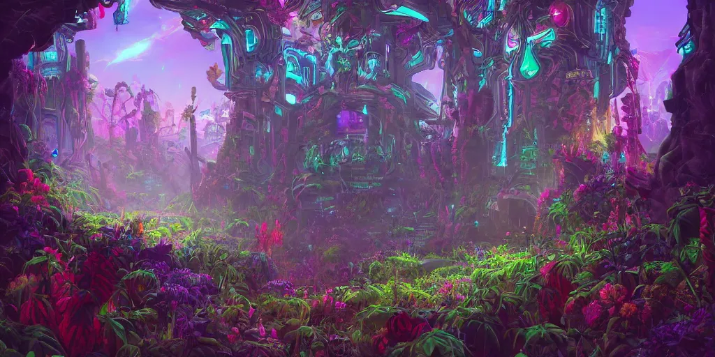 Image similar to synthwave synthwave a large zelda windwalker dungeon entrance in the valley of infinite flowers, filled with plants and habitats, hyper detailed, dieselpunk, technology, cinematic atmosphere, trending on artstation, cgsociety, pressed penny art