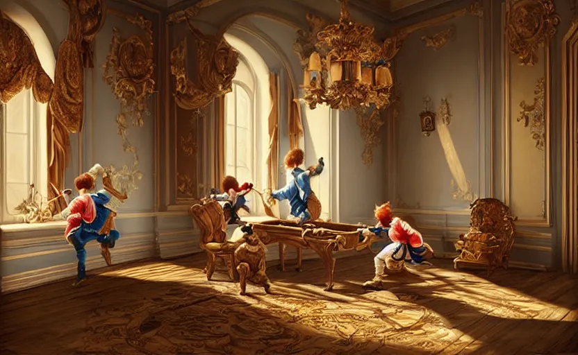 Prompt: 1 7 0 0 s, rococo, two boys playing game at a spacious gaming room with their hi - tech gaming setup, intricate, highly detailed, spacious, indoor, architecture, art by filip hodas and artgerm