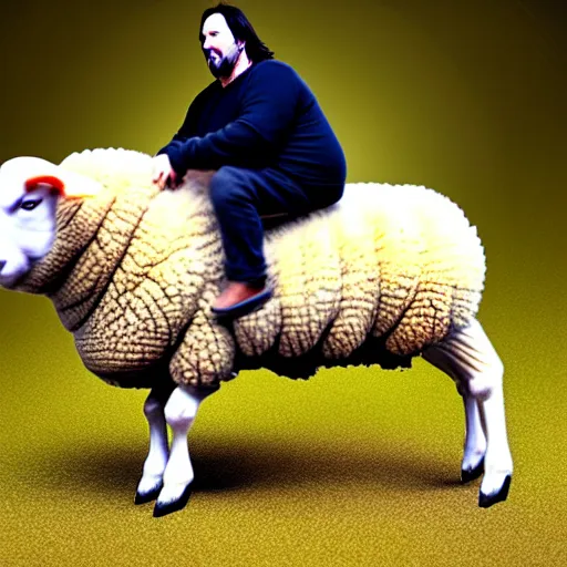 Image similar to morbidly obese keanu reeves riding a texel sheep, photo, detailed, 4 k