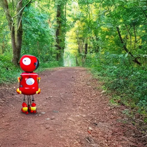 Image similar to cute robot wearing a tomato hat and a walking stick, trekking in a forest, pixar style