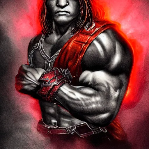 Image similar to a highly detailed character portrait of a muscular man wearing a epic shadow armor with glowing red eyes