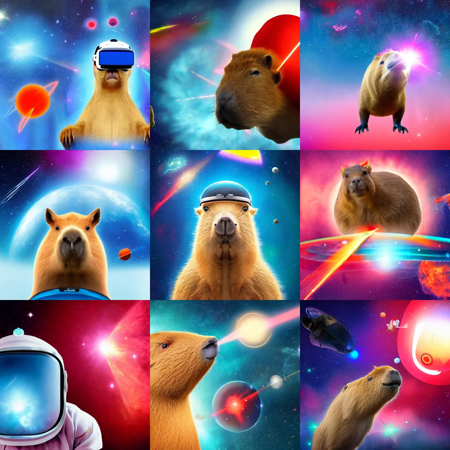 Prompt: Capybara flying around in VR helmet in space holding cyan and red light swords, with a background of nebula and asteroids