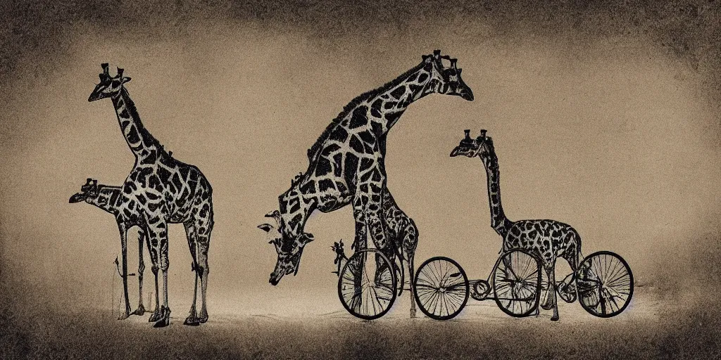 Image similar to giraffe pig hybrids riding bicycles, sepia toned illustration