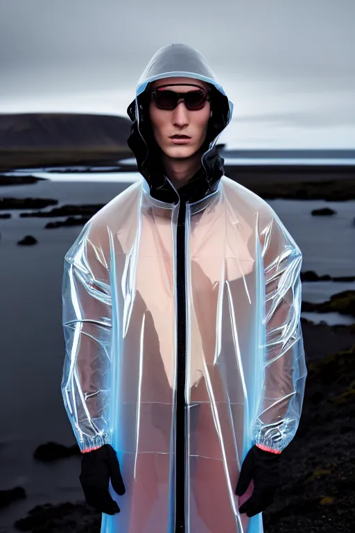 Image similar to an ultra high definition professional high fashion portrait studio full length photograph of a male model wearing a transparent pearlescent raincoat and neon visor in an icelandic black rock environment at dawn. no artefacts. extremely detailed. stark. refraction. shallow depth of field. volumetric light and shadow. ray tracing. light rays.