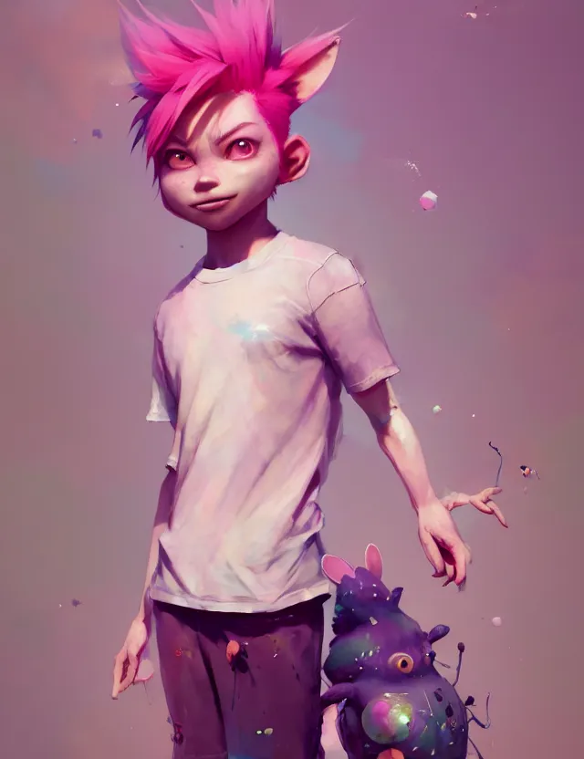 Prompt: beautiful portrait of a cute boy with pink hair wearing tshirt and leggings under shorts. character design by cory loftis, fenghua zhong, ryohei hase, ismail inceoglu and ruan jia. artstation, volumetric light, detailed, photorealistic, fantasy, rendered in octane