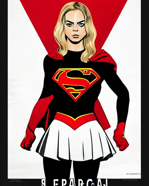 Prompt: high quality presentation digital print of a cara delevigne as supergirl, soviet poster art style black red white, head and shoulders