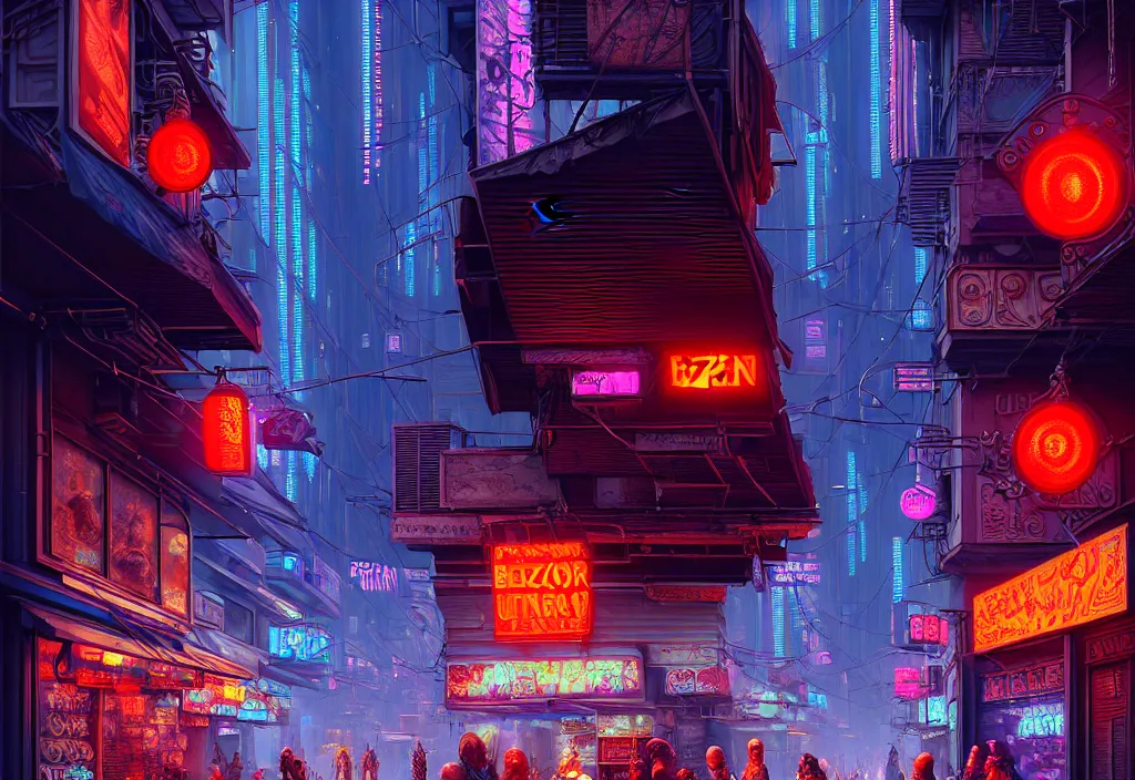 Image similar to a highly detailed bazaar street in the cyberpunk megacity of new washington, amazing cyberpunk digital painting, by gerald brom, brom digital art, intricate details, ultra realistic, beautiful art, volumetric lighting, by art germ, by brom, rule of thirds, trending cgsociety, artstation, warm colors advance cool colors recede, neon lights, crowded, 8 k