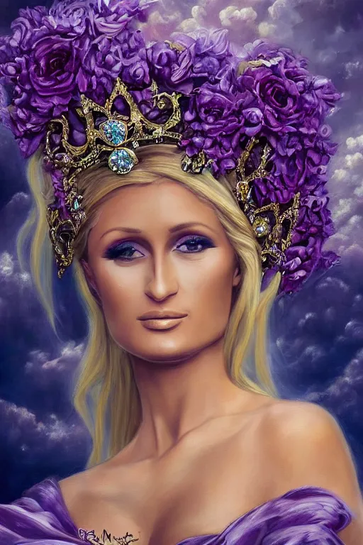 Image similar to closeup portrait fine art photo of the beauty paris hilton, she has a crown of stunning flowers and dress of purple satin and gemstones, background full of stormy clouds, by peter mohrbacher