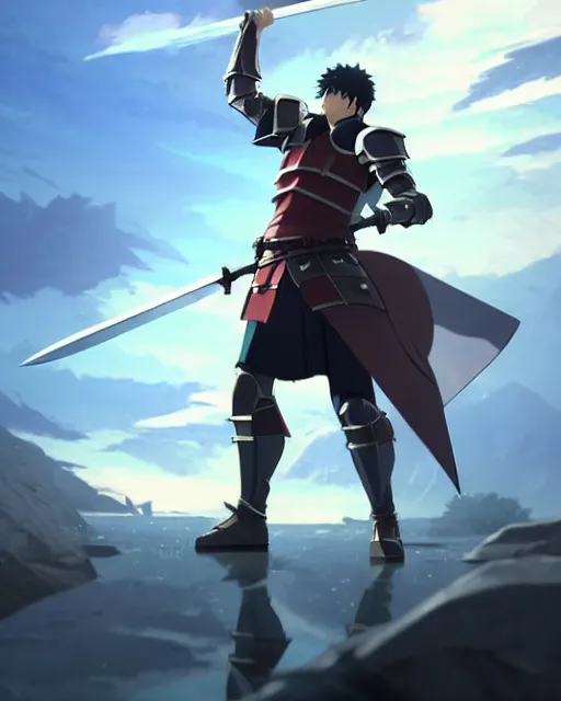 Prompt: powerful warrior with a greatsword and fully clad in plate armor, dramatic action pose, square masculine jaw, short messy hair, 3 d octane render, unreal engine 5, ultra high detail, cel shaded, trending on pixiv fanbox, by greg rutkowski makoto shinkai takashi takeuchi studio ghibli, akihiko yoshida