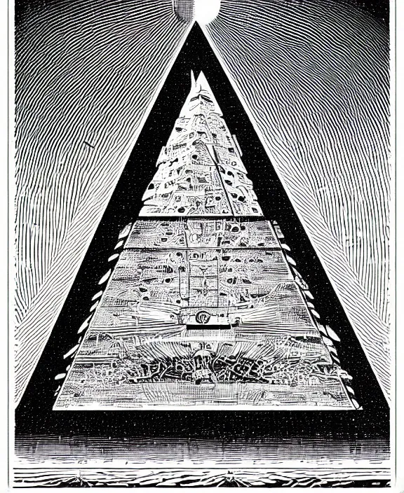Image similar to realistic space mothership in the shape of pyramid with book tractor beam on white background, art by james o barr and albrecht durer, woodblock print, engraved, black and white, vector, vector art