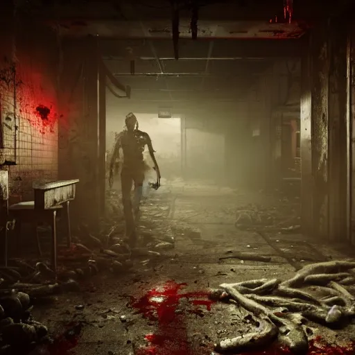 Prompt: fallout 5, butcher angry bloody horror zombie, portrait, indoors dilapidated supermarket interior, atmospheric lighting, intricate, volumetric lighting, grimdark, daytime, sharp focus, deep colours, ultra intricate detailed, octane render, unreal engine, by leesha hannigan, ross tran, thierry doizon, kai carpenter, ignacio fernandez rios