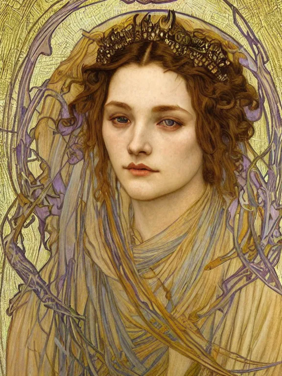 Image similar to detailed realistic beautiful young medieval queen face portrait by jean delville, alphonse mucha, vincent van gogh, and marco mazzoni, art nouveau, symbolist, visionary, gothic, pre - raphaelite