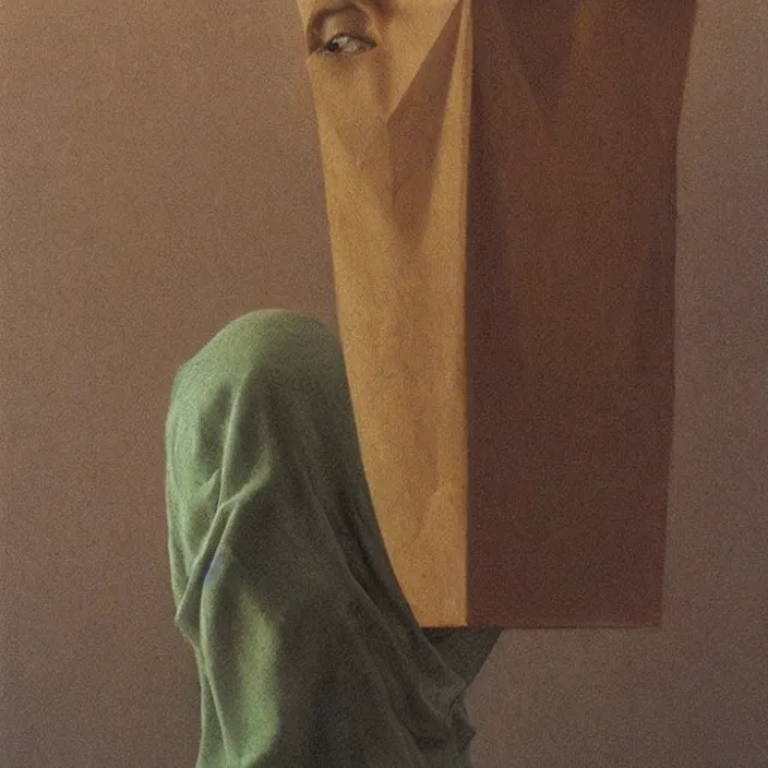 Image similar to woman portrait with a paper bag over the head, highly detailed, artstation, art by zdislav beksinski, wayne barlowe, edward hopper
