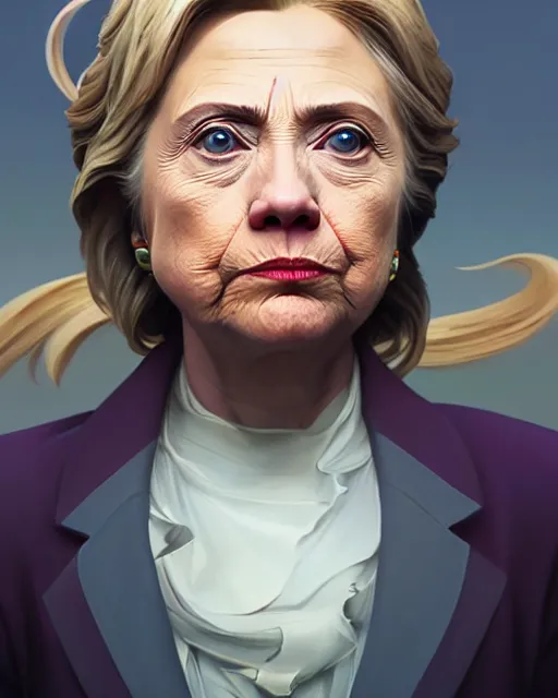 Image similar to highly detailed vfx portrait of a ferocious hillary clinton, stephen bliss, unreal engine, greg rutkowski, loish, rhads, beeple, makoto shinkai and lois van baarle, ilya kuvshinov, rossdraws, tom bagshaw, alphonse mucha, global illumination, detailed and intricate environment