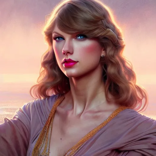 Image similar to Taylor Swift, closeup, D&D style, fantasy, intricate, elegant, highly detailed, digital painting, artstation, concept art, matte, sharp focus, illustration, art by Artgerm and Greg Rutkowski and Alphonse Mucha