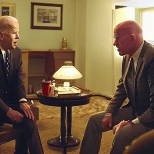 Image similar to “Very very photorealistic screenshot of Joe Biden and Walter White meeting in an episode of Breaking Bad, atmospheric lighting, award-winning”