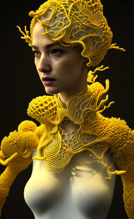 Prompt: intricate hyper detailed ultra sharp 3 d render of a beautiful porcelain seductive woman portrait, medium shot portrait, bright light, alexandre ferra white mecha, cyberpunk mechanical haute couture huge fractal mycelum and fungi, magnolia goliath head ornaments, big embroidered leaves filigree sinuous roots, octane render, volumetric cinematic lighting, yellow, 8 k, vray tracing