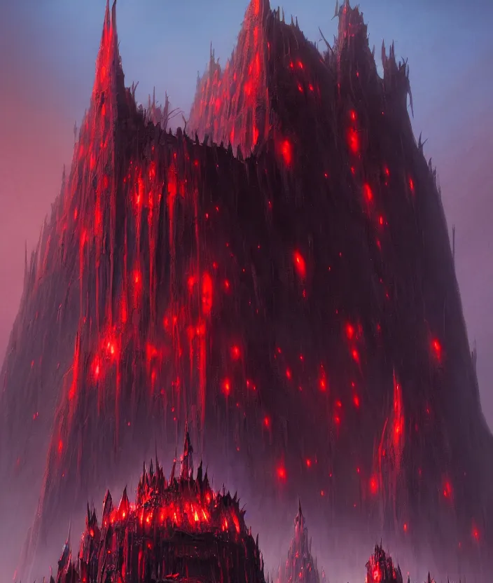Prompt: a detailed illustration of an imposing evil obsidian fortress with a massive central spiked tower, in a crimson wasteland with a pitch black sky, by moebius and tyler edlin and lee madgwick, trending on artstation, digital art, 4 k resolution, detailed, octane render, high quality, sharp focus, hq artwork, coherent, insane detail, concept art