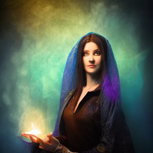 Prompt: portrait of a female warlock casting a magic spell, blueish aura by her side, mystic, fantasy, magic, award winning photography, hdr, studio lighting medium close shot, mucha style,