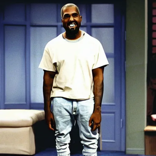 Image similar to Kanye West smiling and giving a thumbs up for a 1990s sitcom tv show, Studio Photograph, portrait C 12.0