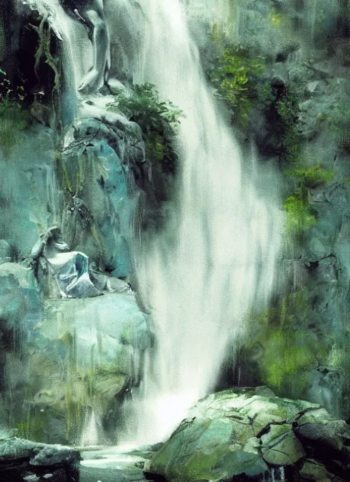 Prompt: painting of a goddess showering in a waterfall, veiled in mist, with her robes folded and set on a rock in the foreground, detailed, stylized, loose brush strokes, pastel colors, blue and green hues, by Jeremy Mann, intricate, beautiful
