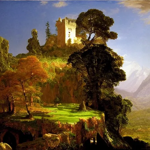 Prompt: A castle built upon a mountaintop, overlooking a large magical tree in the meadow, by Thomas Cole and Albert Bierstadt