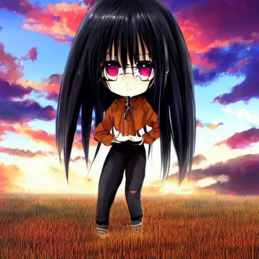 Image similar to black - haired anime girl, 1 7 - year - old anime girl with long bob cut, gothic jacket, golden hour, partly cloudy sky, red clouds, orange sky, strong lighting, strong shadows, vivid hues, ultra - realistic, sharp details, subsurface scattering, intricate details, art by artgerm, greg rutkowski, 2 0 1 9 anime screenshot