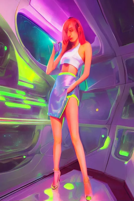 Prompt: digital art of a beautiful girl wearing a neon mini skirt in a futuristic spaceship, expressive oil painting, by wlop, by artgerm, by dan mumford, anime style, octane render, full body shot