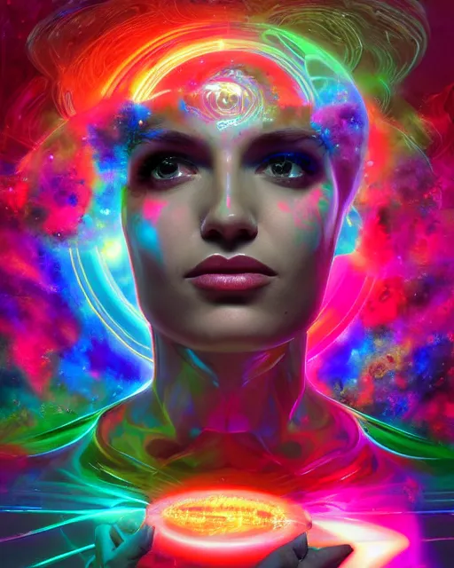 Image similar to a powerful energy psychedelic woman, by alexander fedosav, hyper detailed digital matte painting, concept art, hyperrealism, 1 6 k resolution, cinema 4 d, 8 k resolution, trending on artstation, behance hd, a masterpiece, by stephan martiniere, particles, cel - shaded, power bright neon energy, by david a. hardy,