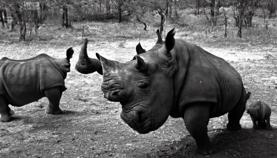 Prompt: a rhinoceros in a public shower, by mini dv camera, very low quality, heavy grain, blurry, caught on trail cam