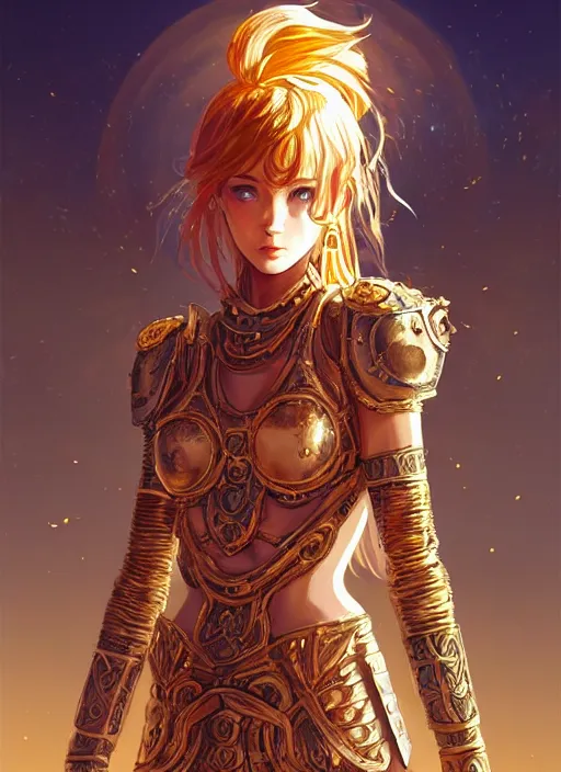 Image similar to portrait knights of zodiac girl, golden and copper shining armor, in ruined agora of athens sunrise, ssci - fi and fantasy, intricate and very very beautiful and elegant, highly detailed, digital painting, artstation, concept art, smooth and sharp focus, illustration, art by tian zi and ilya kuvshinov and wlop and z - - ed