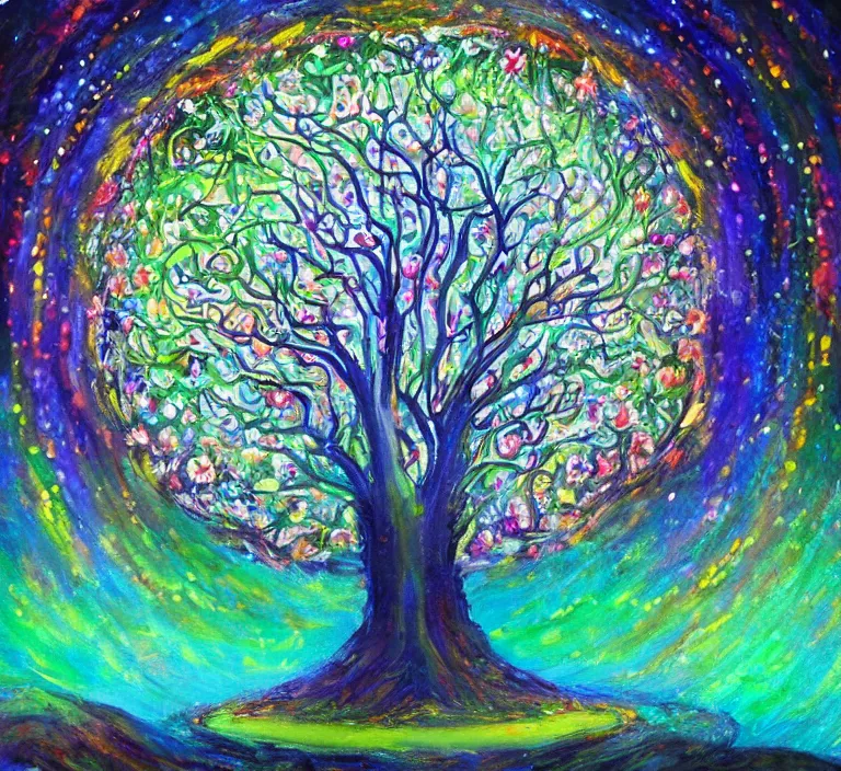 Prompt: a beautiful painting of a portal to infinite creativity, magical tree of life centered on a hill, abstract landscape, 8 k, night, fairy lights, symmetrical, photorealism, hyper detailed