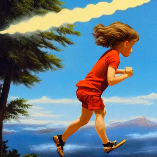 Prompt: a running child turning into vapor, mist, smoke, scissors in hand, a detailed matte painting by John Philip Falter