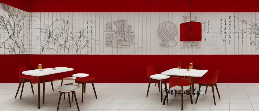 Image similar to a beautiful simple interior render of small roasted string hotpot restaurant restaurant yan'an, wall corner, from china, red paper wall and white tile floor, rectangle white porcelain table, fine simple delicate structure, chinese style, simple composition, simple style structure decoration design, victo ngai, 4 k hd