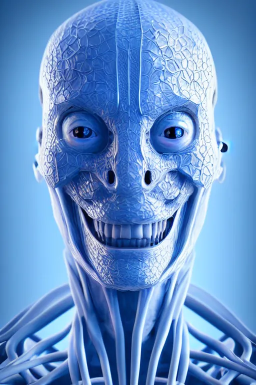 Image similar to hyperrealistic close-up translucent intricate exoskeleton!! smiling chinese man covered highly detailed concept art eric zener elson peter cinematic side soft blue light high angle hd 8k sharp shallow depth of field