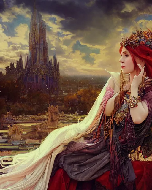 Image similar to a beautiful close up portrait of a sorceress sitting with elegant looks, flowing robe, ornate and flowing, intricate and soft by ruan jia, tom bagshaw, alphonse mucha, krenz cushart, beautiful roman architectural ruins in the background, epic sky, vray render, artstation, deviantart, pinterest, 5 0 0 px models