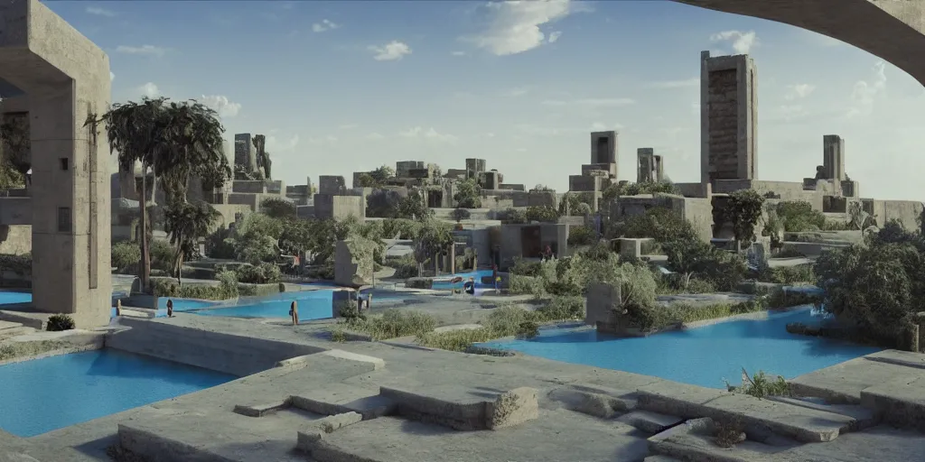 Prompt: babylonian garden based on the design of carlo scarpa in a megacity made of travertine brutalist temples, group of monks in blue robes in the foreground, single aluminum space elevator in the distance, sci-fi, light blue sky with clouds, optimistic matte painting, style by syd mead, 8k, octane render, photorealistic, hyperrealism