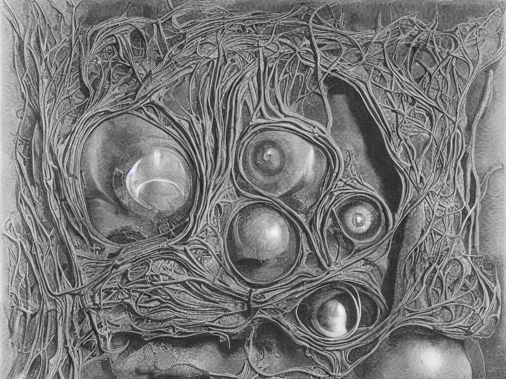 Image similar to Transversal view of the anatomy of the eye. Megalopolis miniature city built it the pupil, iris. Strange bouncy medusae light. Rene Magritte, Jean Delville, Max Ernst, Ernst Haeckel